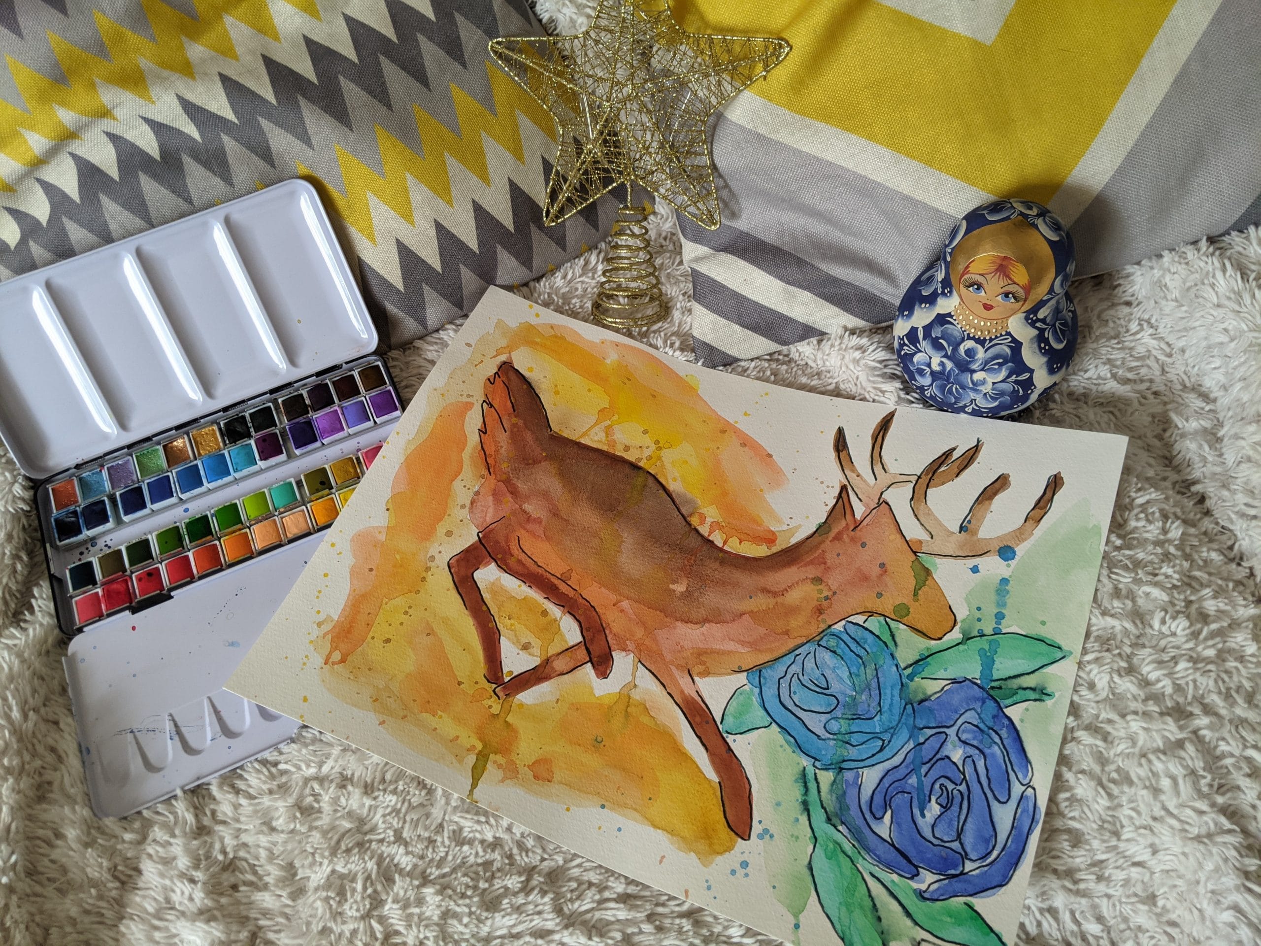 🦌 Aquarelle A3 : Cerf en Course