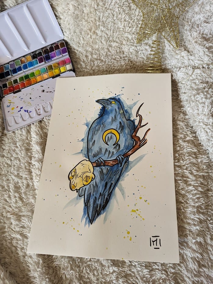 🦅 Aquarelle A3 : Corbeau Occulte