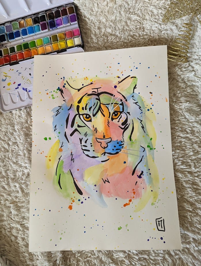 🐯 Aquarelle A3 : Portrait de Tigre Color Splash 🌈