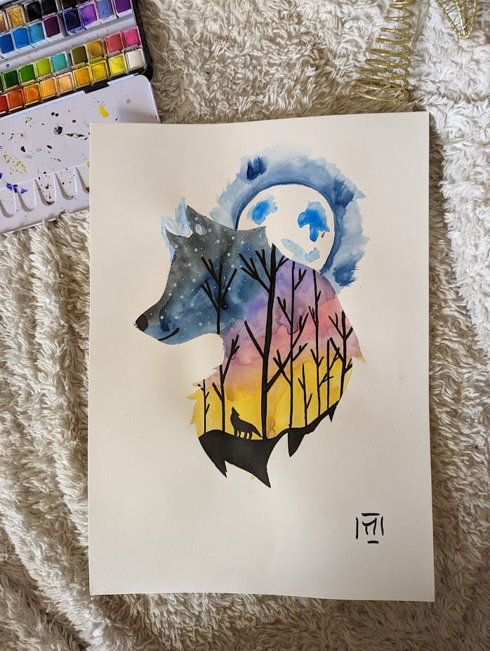 🐺 Aquarelle A3 : Loup Stylisé
