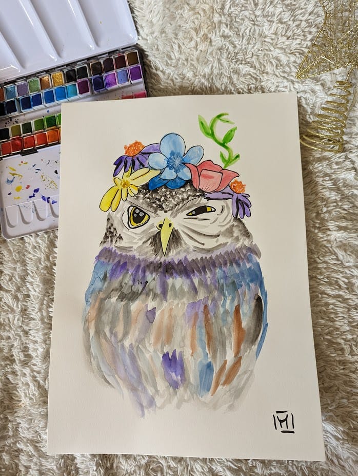 🦉 Aquarelle A3 : Chouette Florale