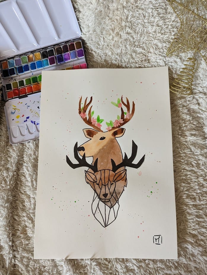 🦌 Aquarelle A3 : Double Portrait de Cerf